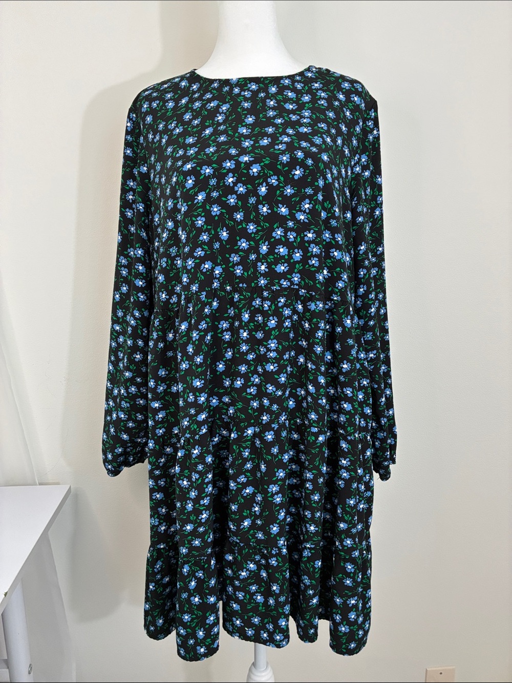 LOFT Babydoll Black Dress with Blue Floral & Green Leaves